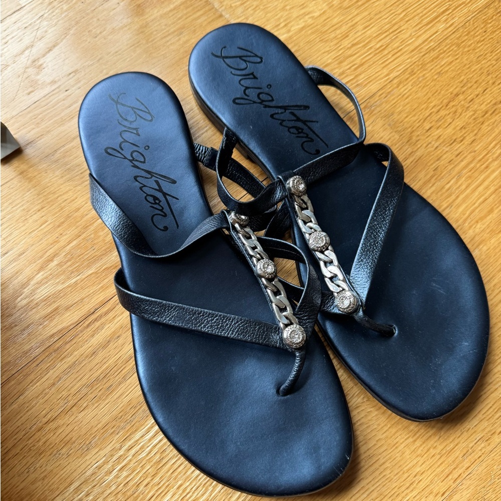 Brighton Black Leather T-Strap Sandals with Chain Detail